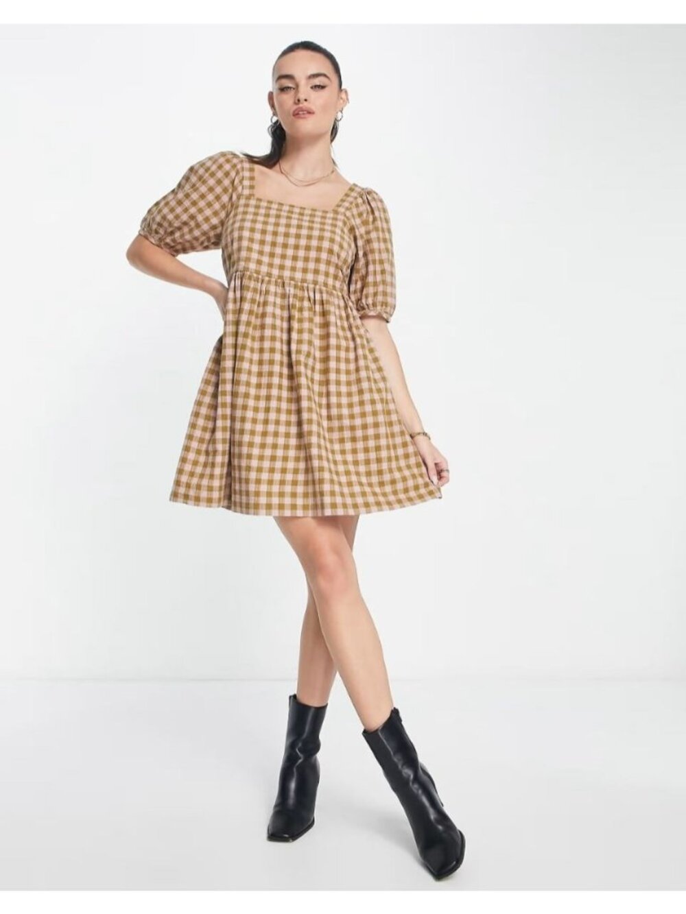Madewell Square Neck Puff Sleeve Gingham Seersucker Dress Sz M Pink & Olive